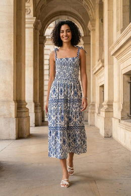 Blue Square Neck Printed Dress For Women