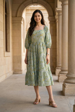 Women's Grey  Floral Printed Cotton Dress