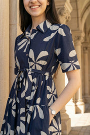 Navy Blue Shirt Collar Floral Printed  Dress For Women