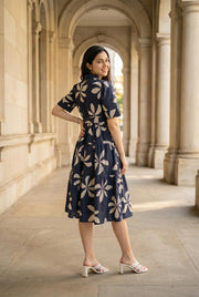 Navy Blue Shirt Collar Floral Printed  Dress For Women