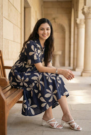 Navy Blue Shirt Collar Floral Printed  Dress For Women