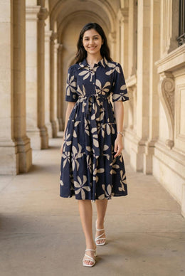 Navy Blue Shirt Collar Floral Printed  Dress For Women