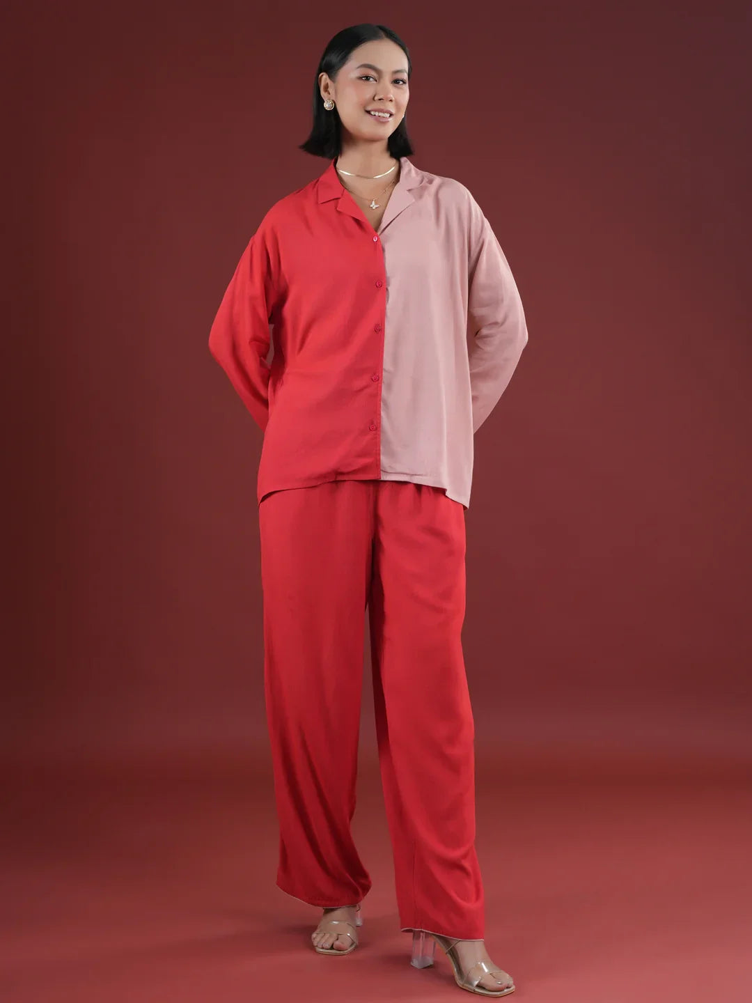 Red Solid Print Night Suit Set - SanskrutiHomes 