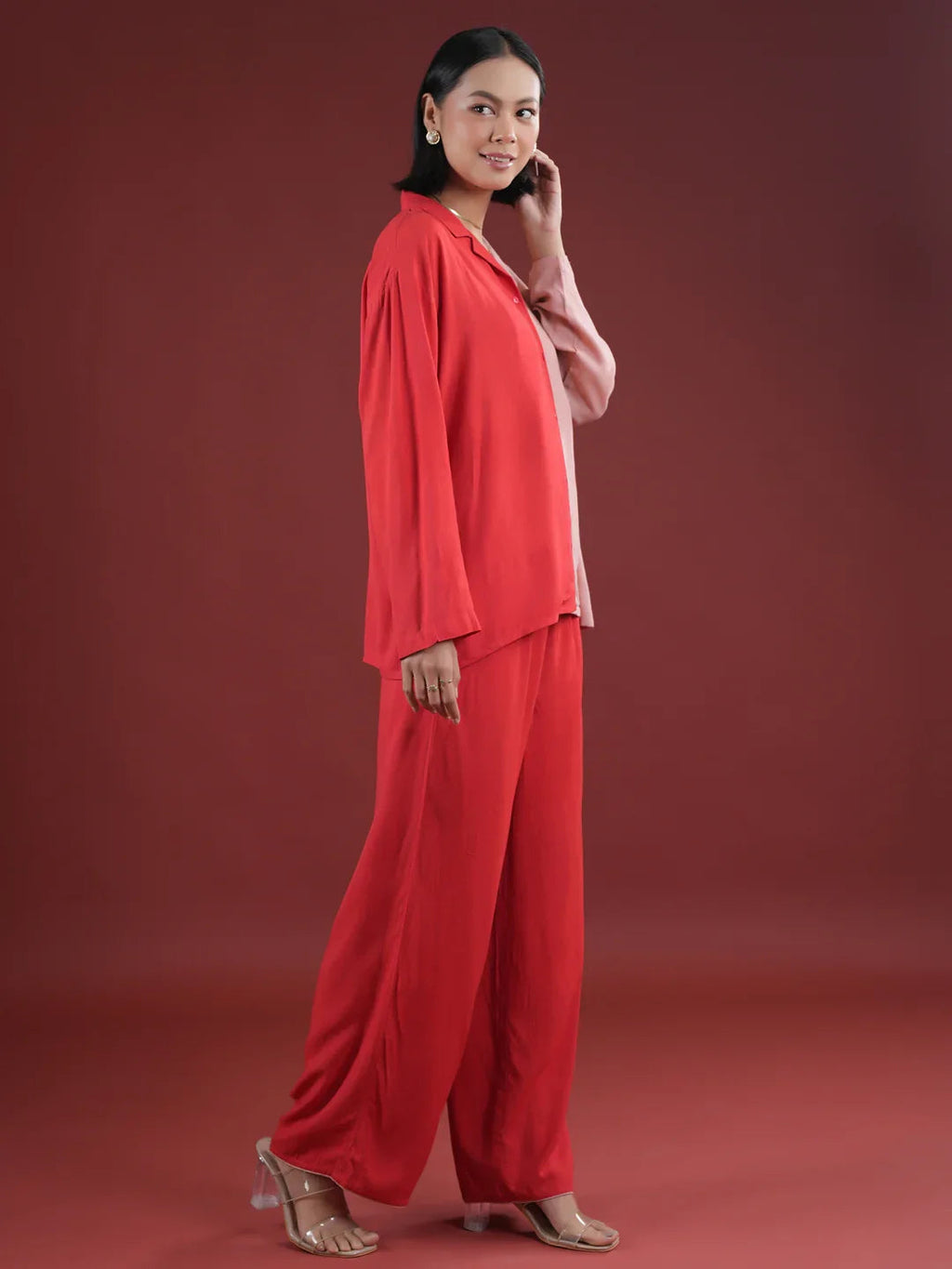 Red Solid Print Night Suit Set - SanskrutiHomes 