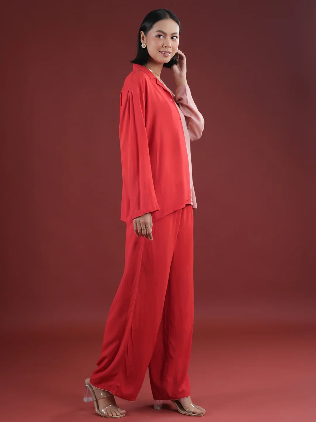 Red Solid Print Night Suit Set - SanskrutiHomes 