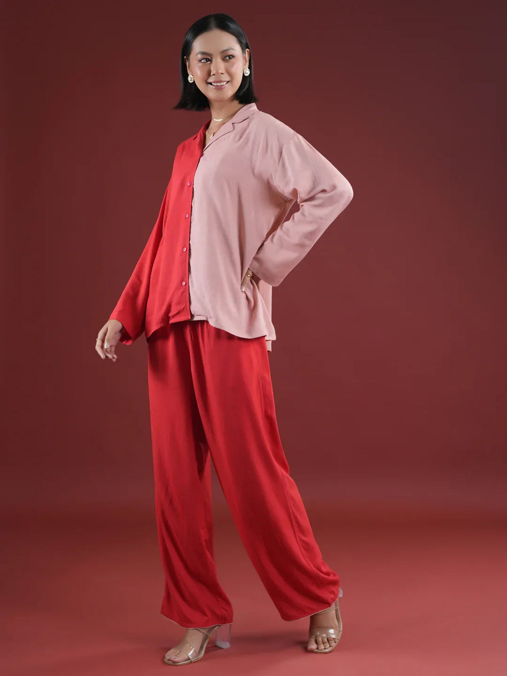 Red Solid Print Night Suit Set - SanskrutiHomes 