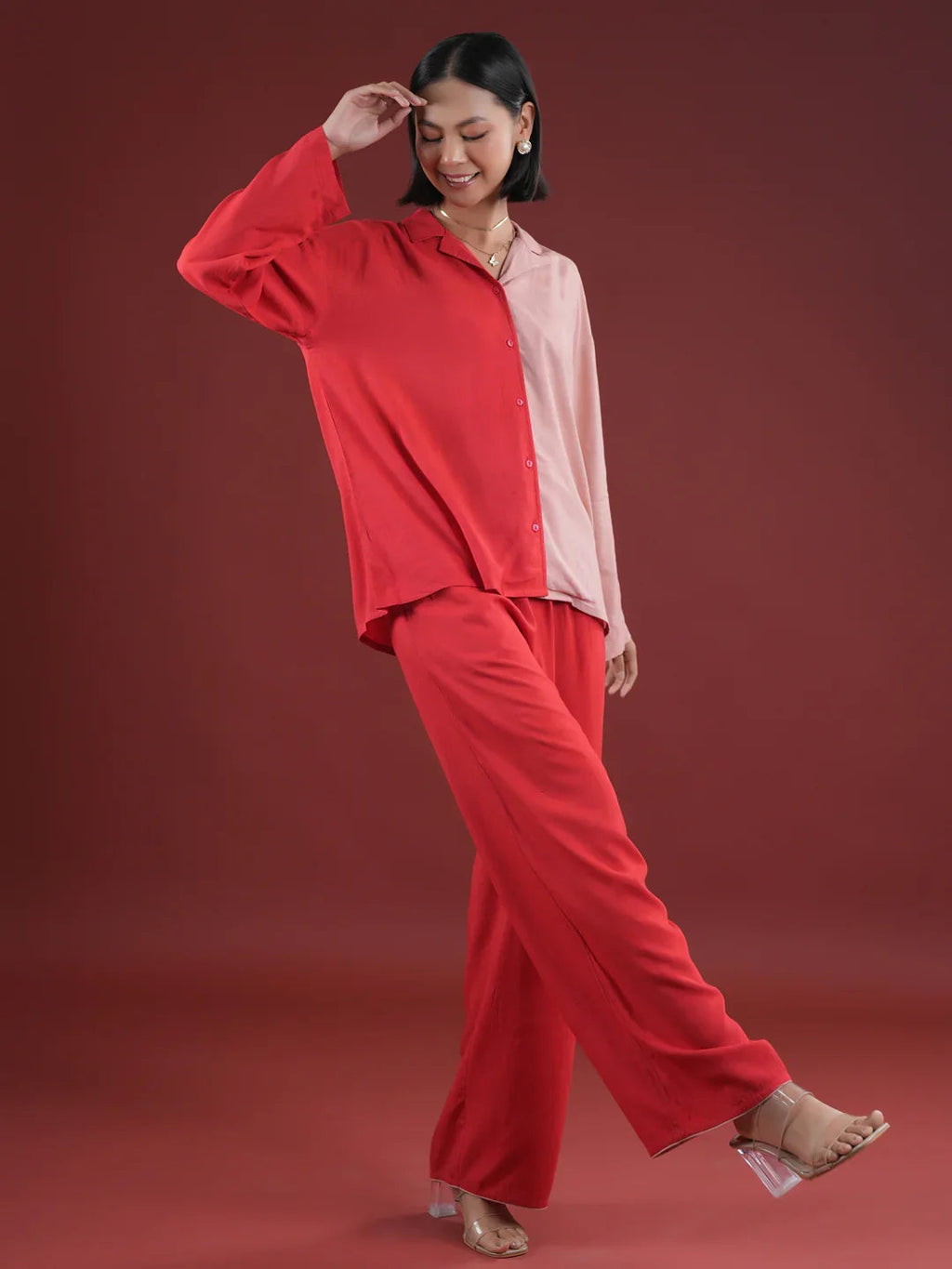 Red Solid Print Night Suit Set - SanskrutiHomes 