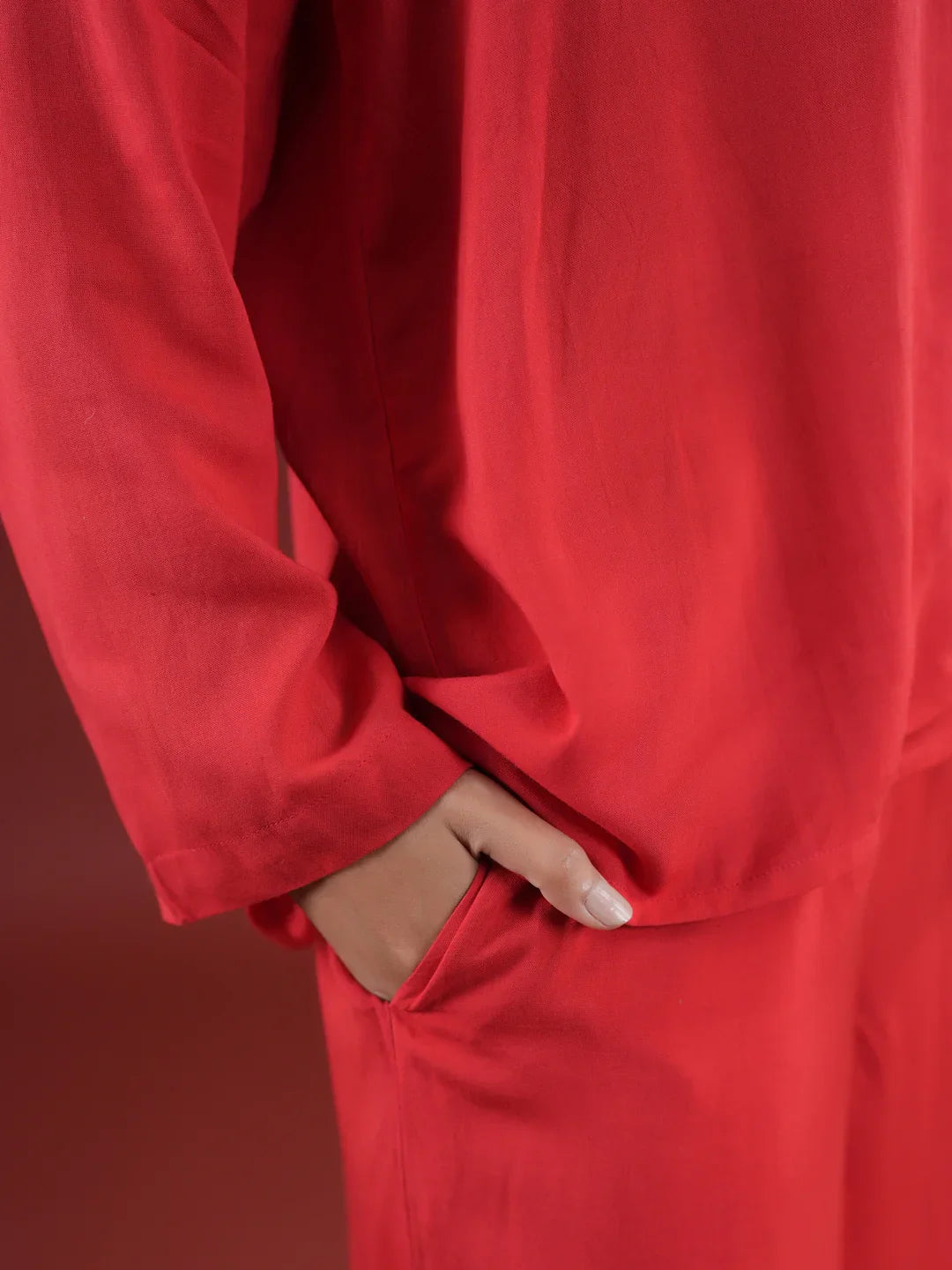 Red Solid Print Night Suit Set - SanskrutiHomes 