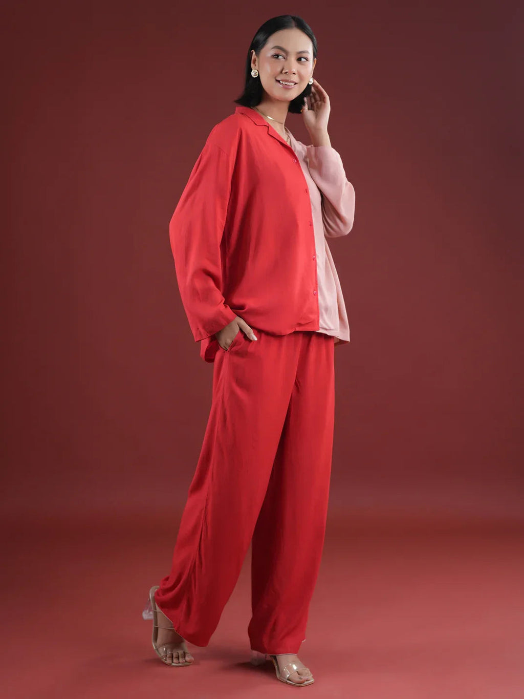 Red Solid Print Night Suit Set - SanskrutiHomes 