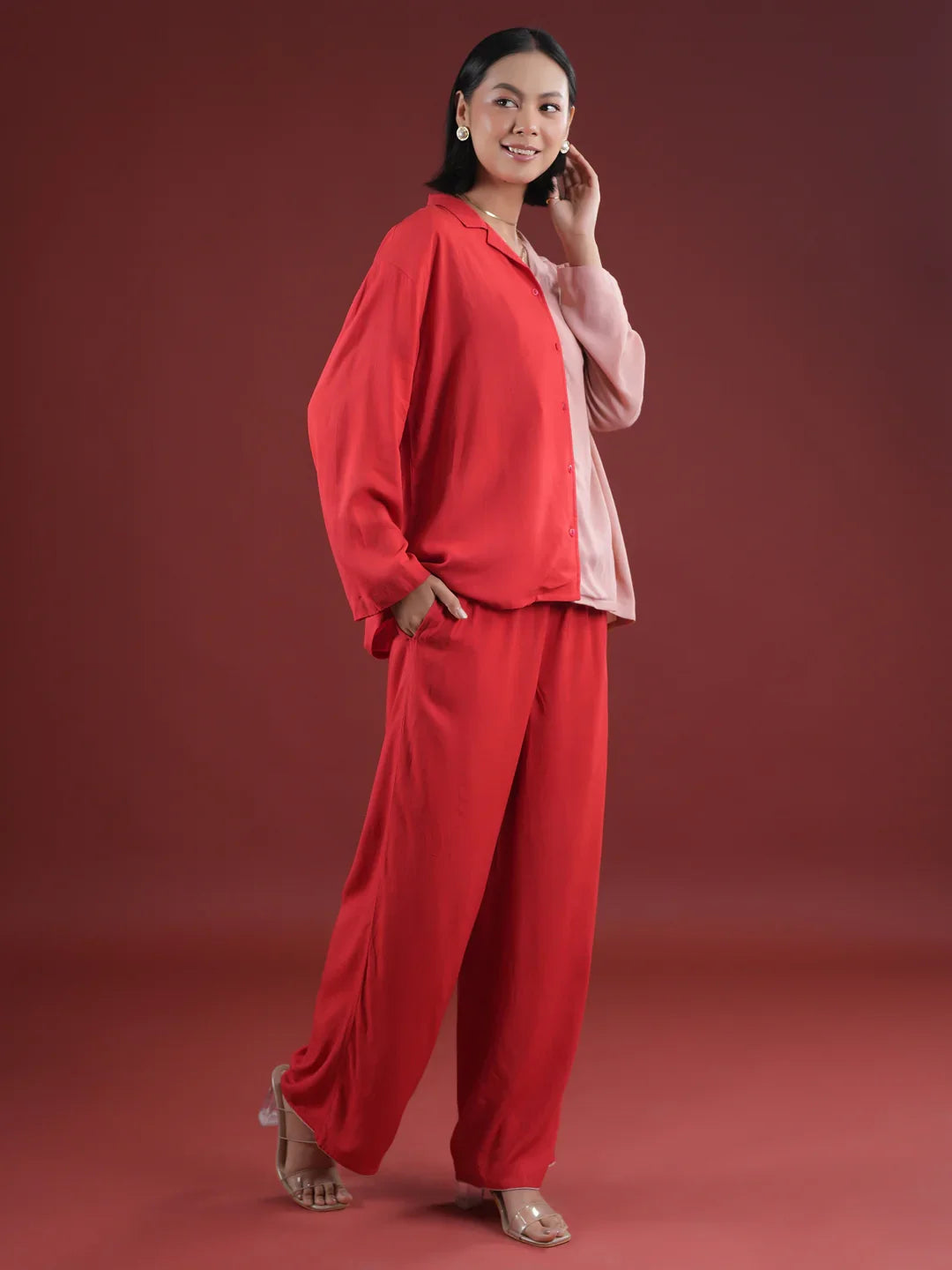 Red Solid Print Night Suit Set - SanskrutiHomes 