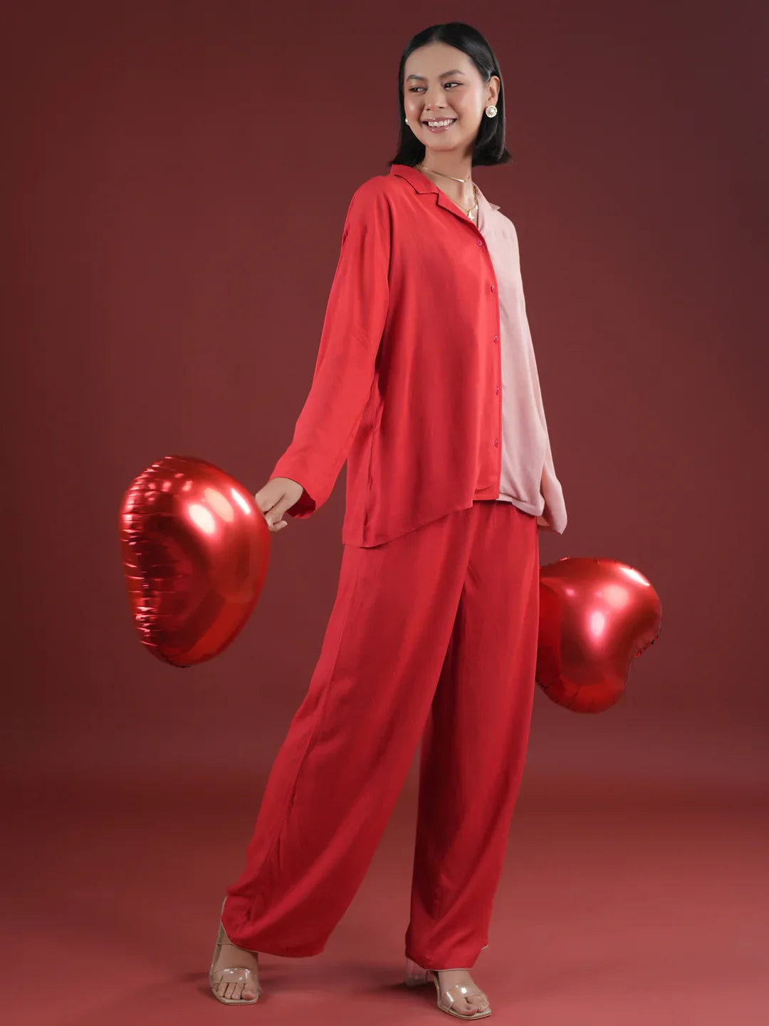 Red Solid Print Night Suit Set - SanskrutiHomes 