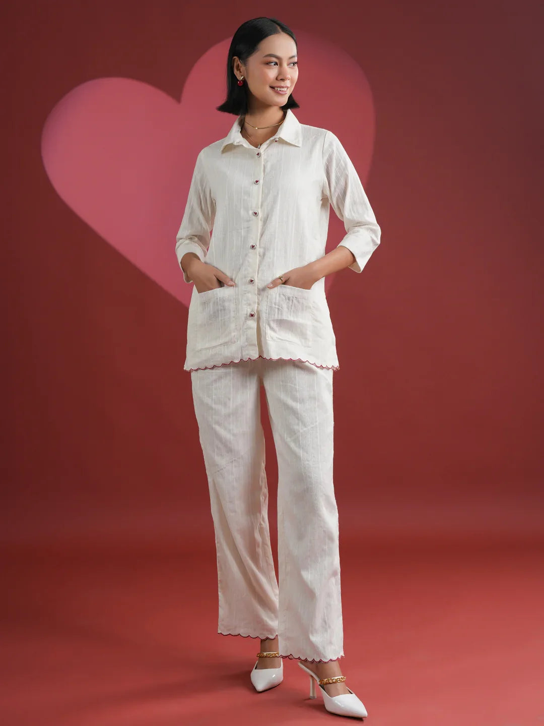 White Solid Print Cotton Night Suit Set - SanskrutiHomes 