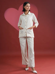 White Solid Print Cotton Night Suit Set - SanskrutiHomes 