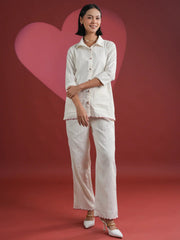 White Solid Print Cotton Night Suit Set - SanskrutiHomes 