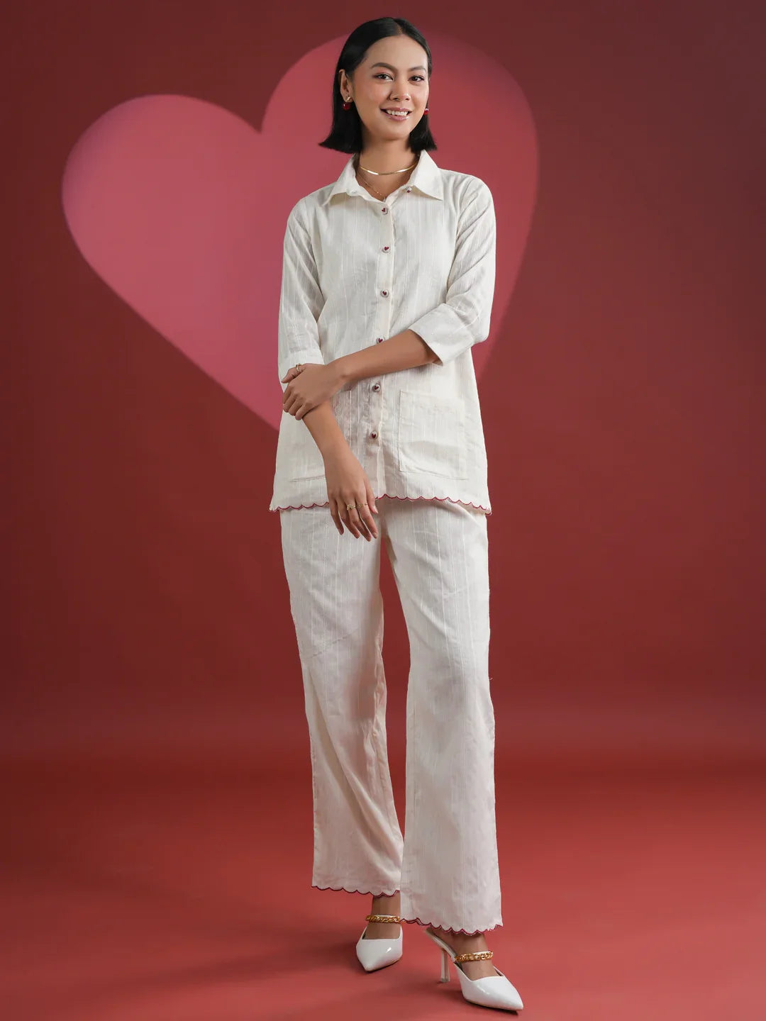 White Solid Print Cotton Night Suit Set - SanskrutiHomes 