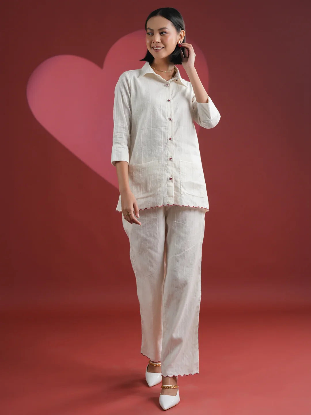 White Solid Print Cotton Night Suit Set - SanskrutiHomes 