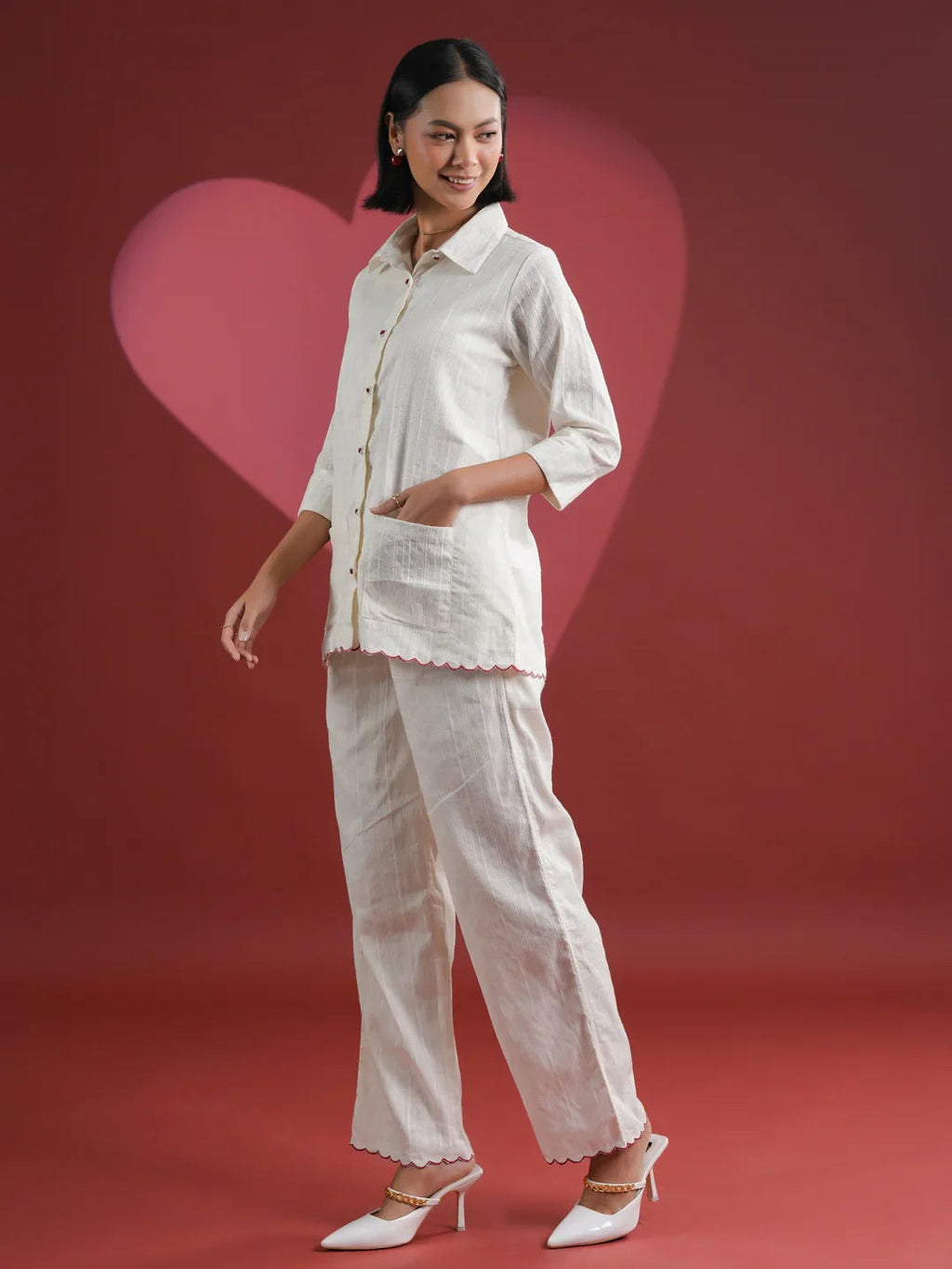 White Solid Print Cotton Night Suit Set - SanskrutiHomes 