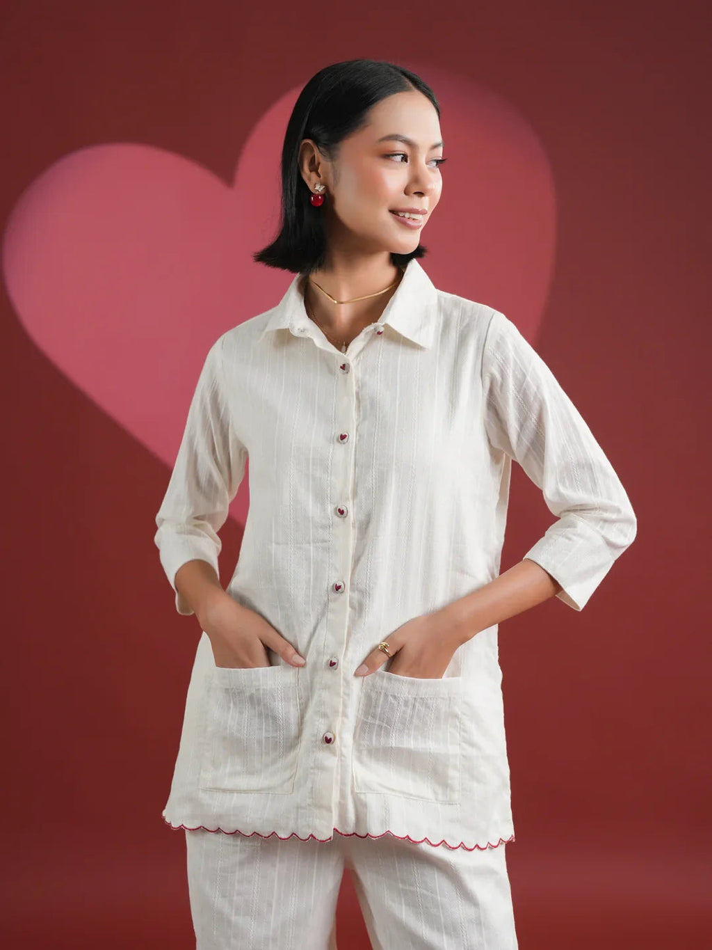 White Solid Print Cotton Night Suit Set - SanskrutiHomes 