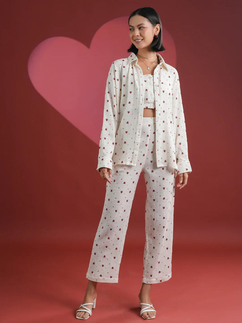 Set of 3 White Heart Printed Night Suit - SanskrutiHomes 