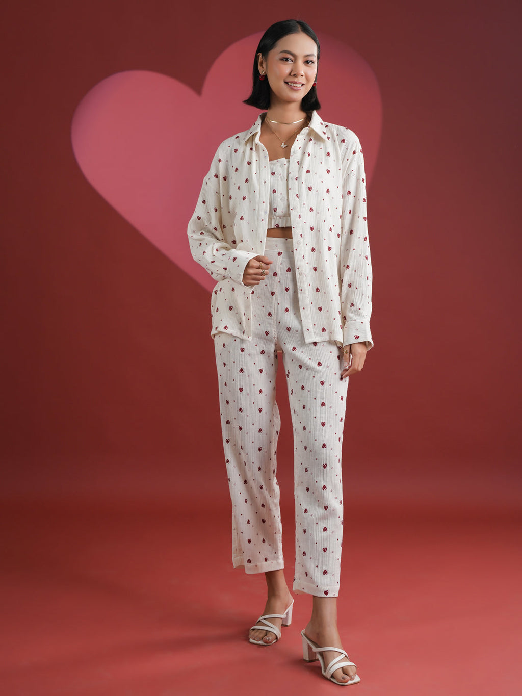 Set of 3 White Heart Printed Night Suit - SanskrutiHomes 