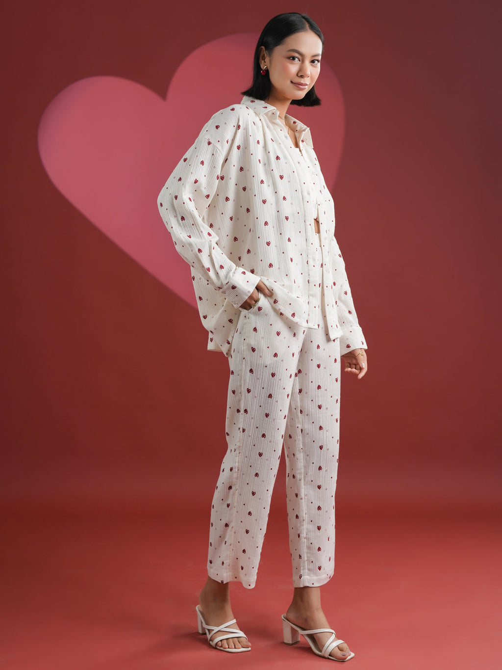 Set of 3 White Heart Printed Night Suit - SanskrutiHomes 