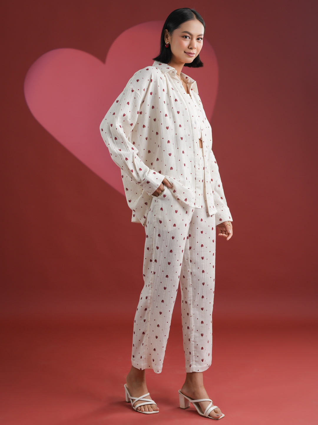 Set of 3 White Heart Printed Night Suit - SanskrutiHomes 