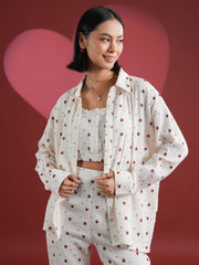 Set of 3 White Heart Printed Night Suit - SanskrutiHomes 