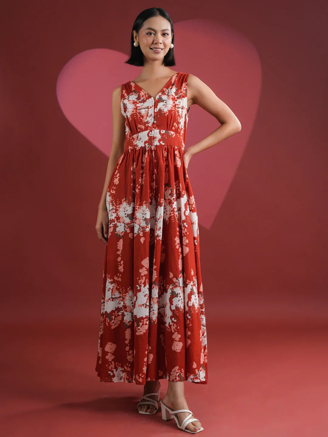 Red Printed V-Neck Dress for Women - SanskrutiHomes 