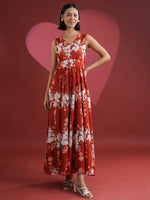 Red Printed V-Neck Dress for Women - SanskrutiHomes 