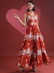 Red Printed V-Neck Dress for Women - SanskrutiHomes 