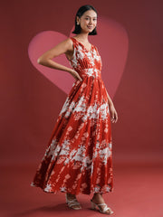 Red Printed V-Neck Dress for Women - SanskrutiHomes 