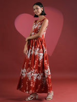Red Printed V-Neck Dress for Women - SanskrutiHomes 