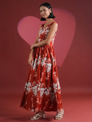 Red Printed V-Neck Dress for Women - SanskrutiHomes 