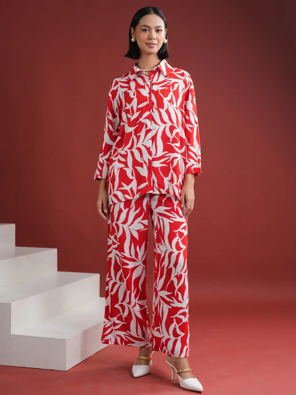 Red Floral Printed Night Suit Set - SanskrutiHomes 