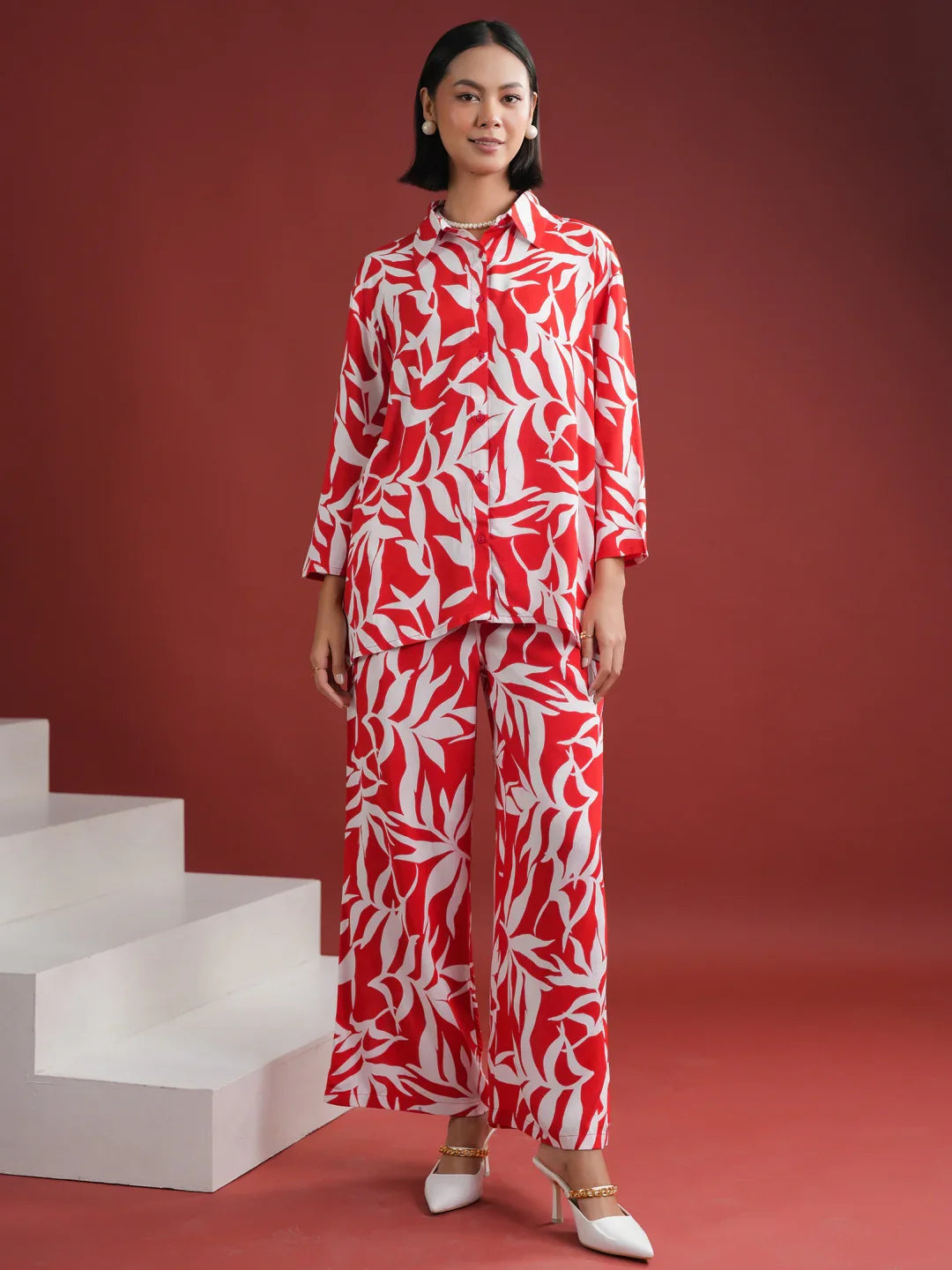 Red Floral Printed Night Suit Set - SanskrutiHomes 