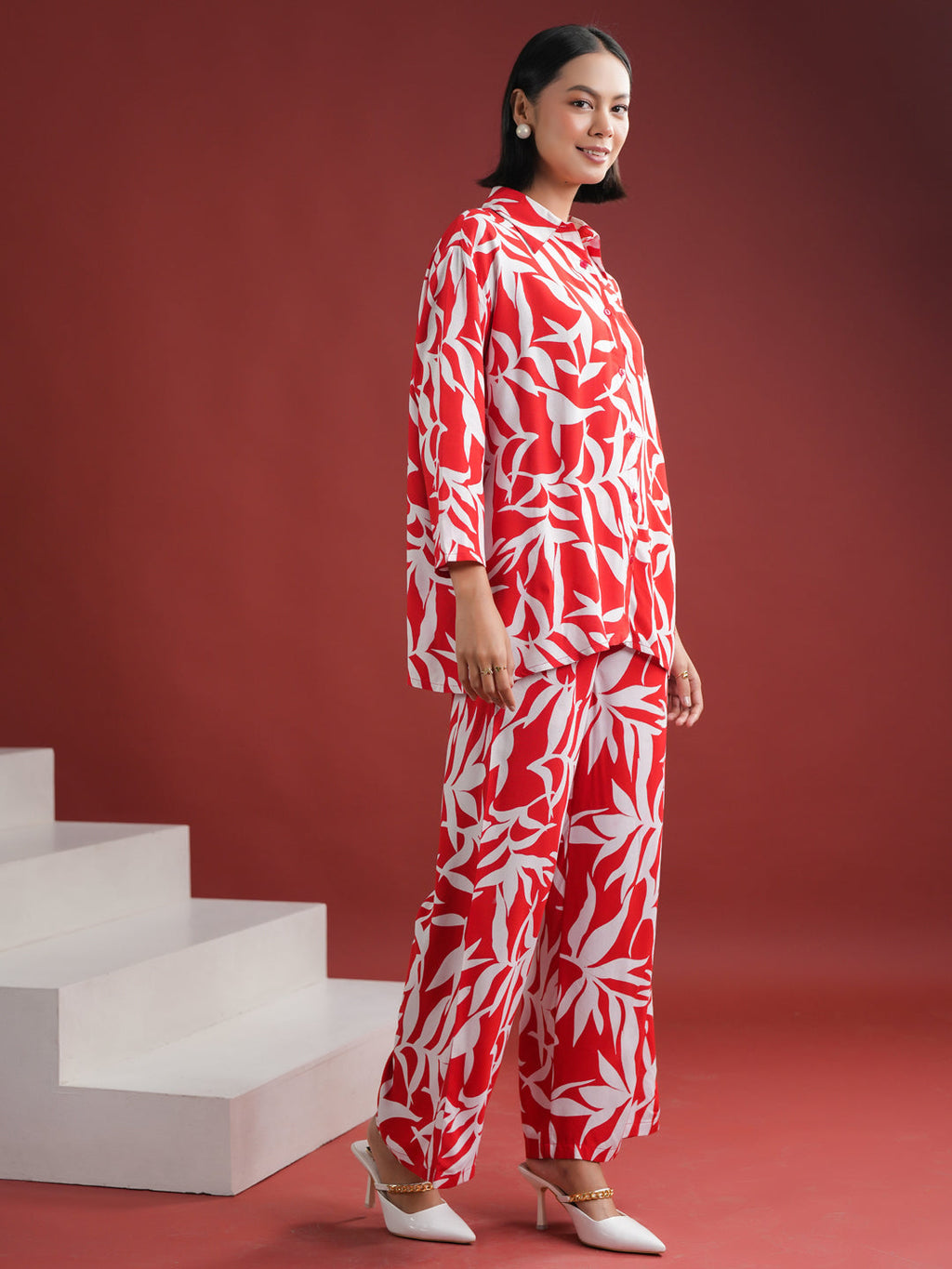 Red Floral Printed Night Suit Set - SanskrutiHomes 