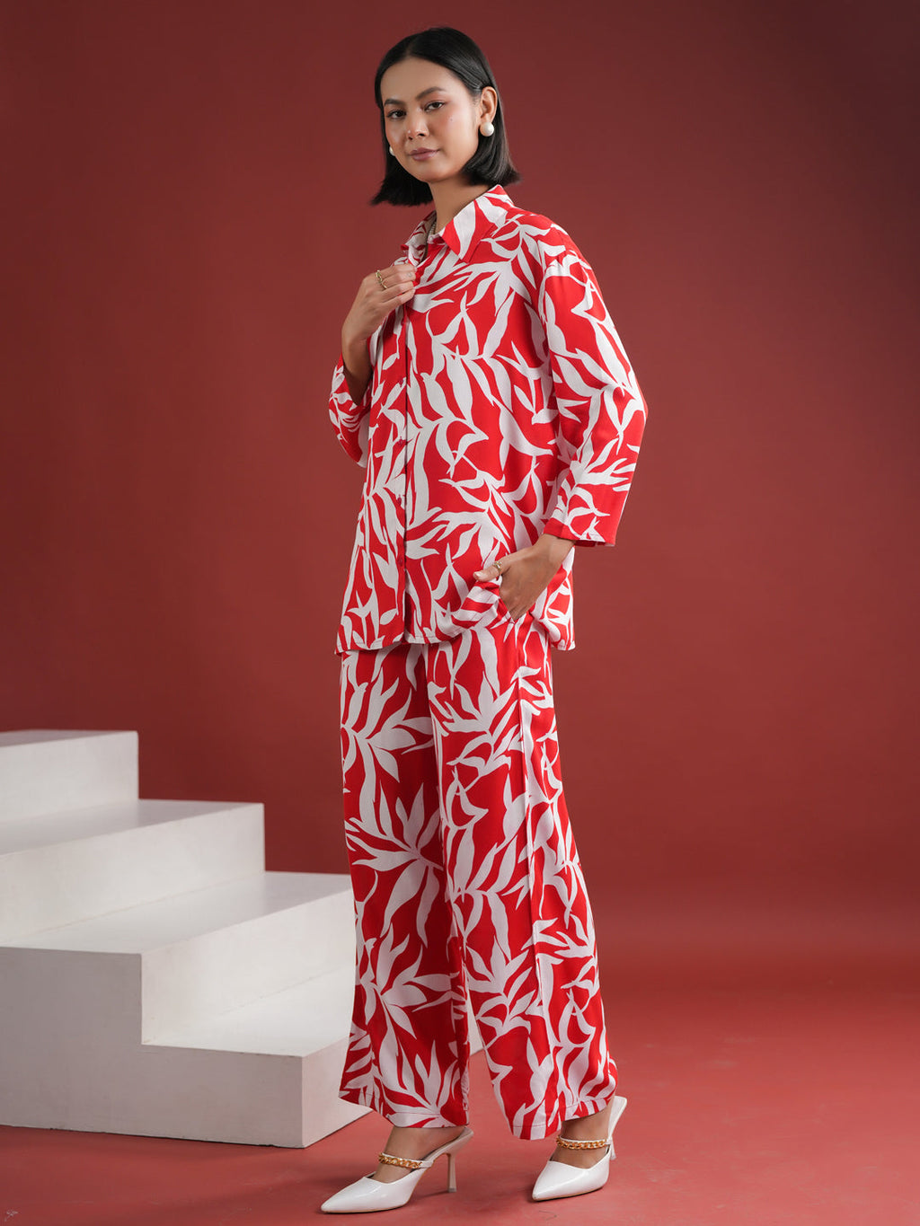 Red Floral Printed Night Suit Set - SanskrutiHomes 