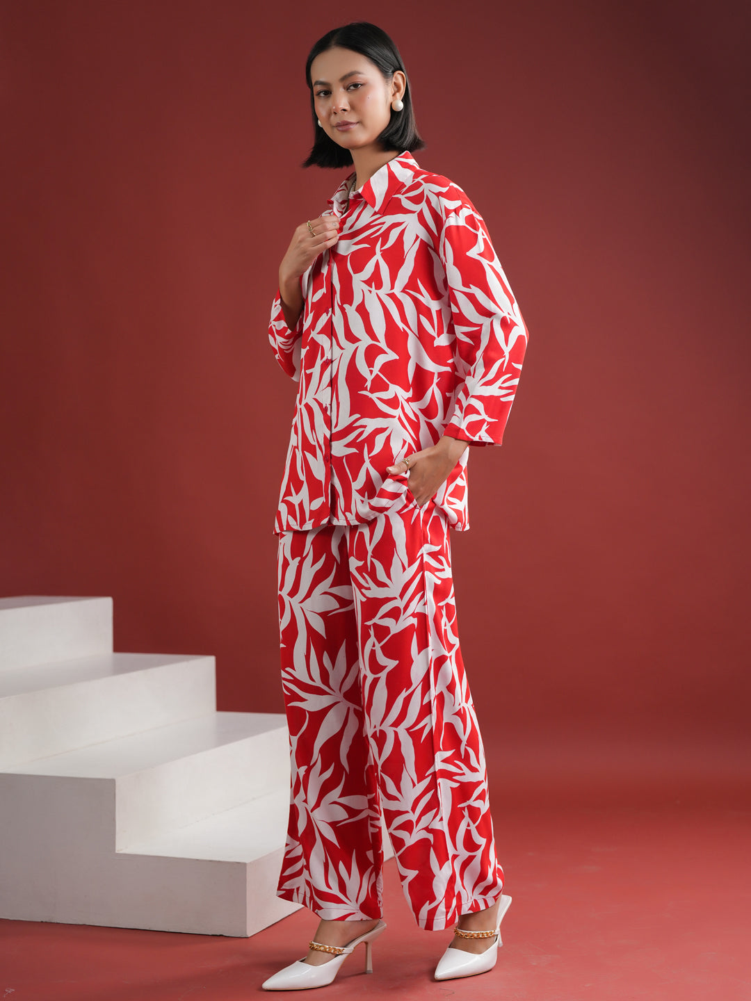 Red Floral Printed Night Suit Set - SanskrutiHomes 