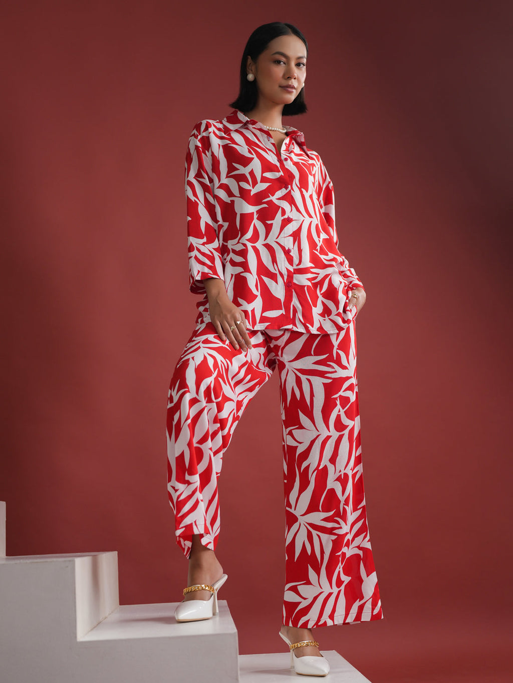 Red Floral Printed Night Suit Set - SanskrutiHomes 