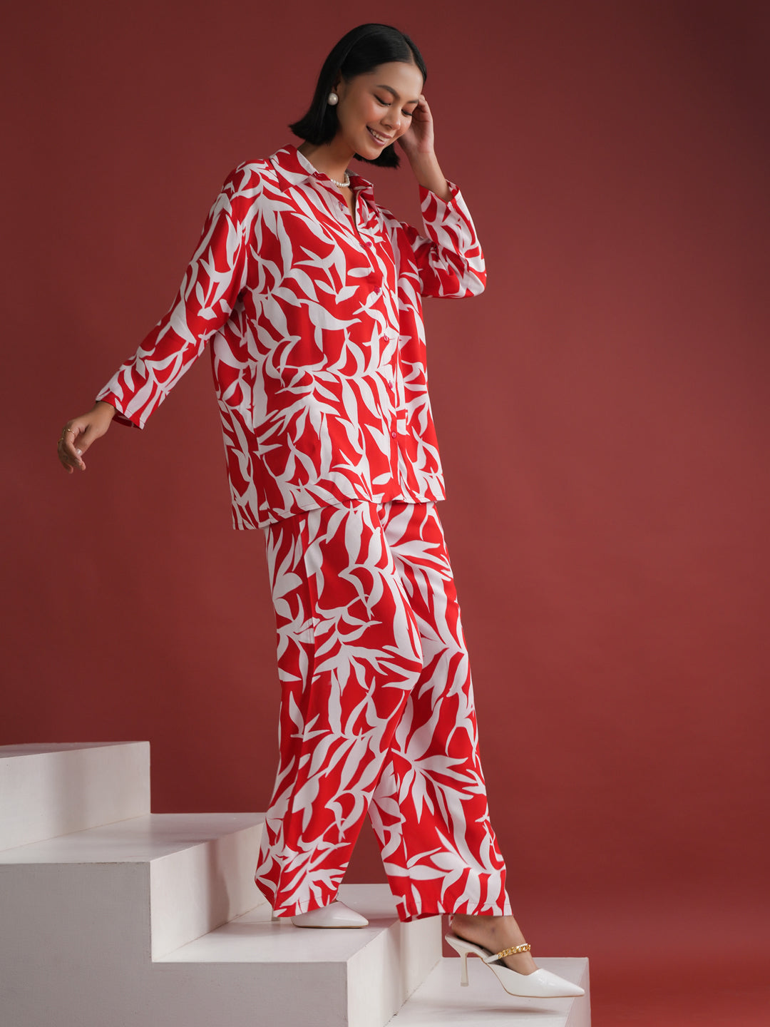 Red Floral Printed Night Suit Set - SanskrutiHomes 