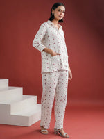 White Heart Printed Cotton Night Suit Set - SanskrutiHomes 