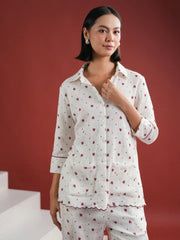 White Heart Printed Cotton Night Suit Set - SanskrutiHomes 