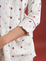 White Heart Printed Cotton Night Suit Set - SanskrutiHomes 