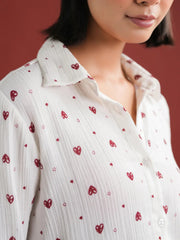 White Heart Printed Cotton Night Suit Set - SanskrutiHomes 
