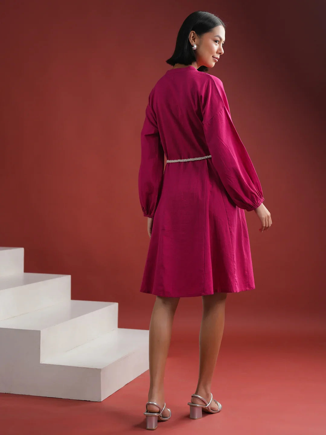 Pink Solid V Neck Dress for Women - SanskrutiHomes 