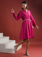 Pink Solid V Neck Dress for Women - SanskrutiHomes 