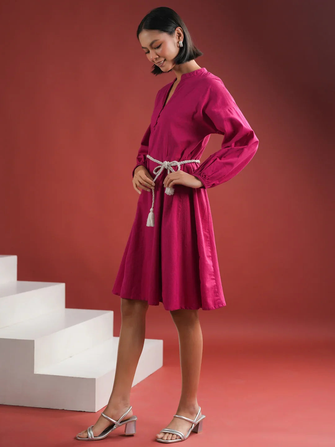 Pink Solid V Neck Dress for Women - SanskrutiHomes 