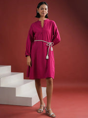Pink Solid V Neck Dress for Women - SanskrutiHomes 