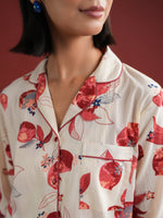 White Floral Printed Cotton Night Suit Set - SanskrutiHomes 