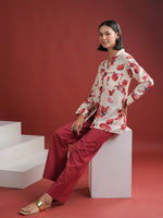 White Floral Printed Cotton Night Suit Set - SanskrutiHomes 